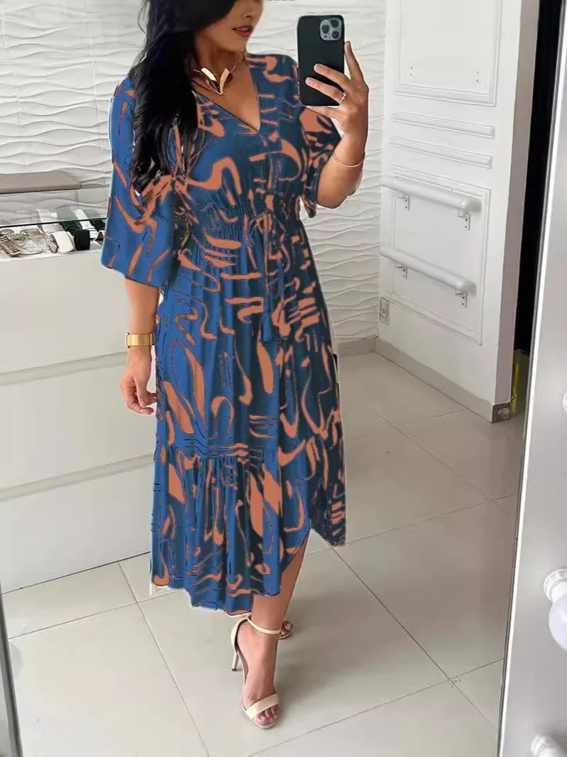 Summer Bohemian Wommen Print Midi Dress V-Neck Half Sleeve High Elastic Waist A-Line Dress Female Fashion Casual Robe Vestido