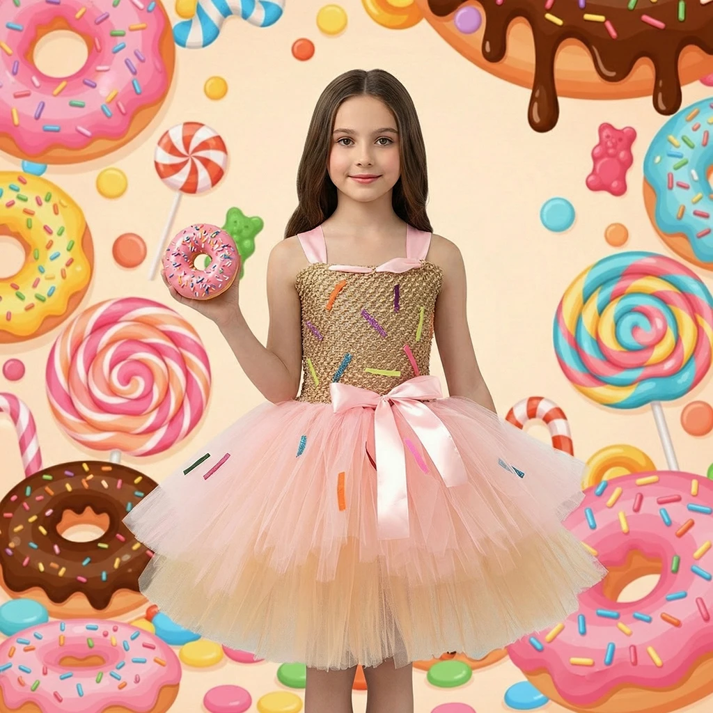 Sweet Donut Cookie Tutu Costume for Girls Cake Smash Party Photo Prop Dresses Layered Kids Doughnut Birthday Purim Outfit