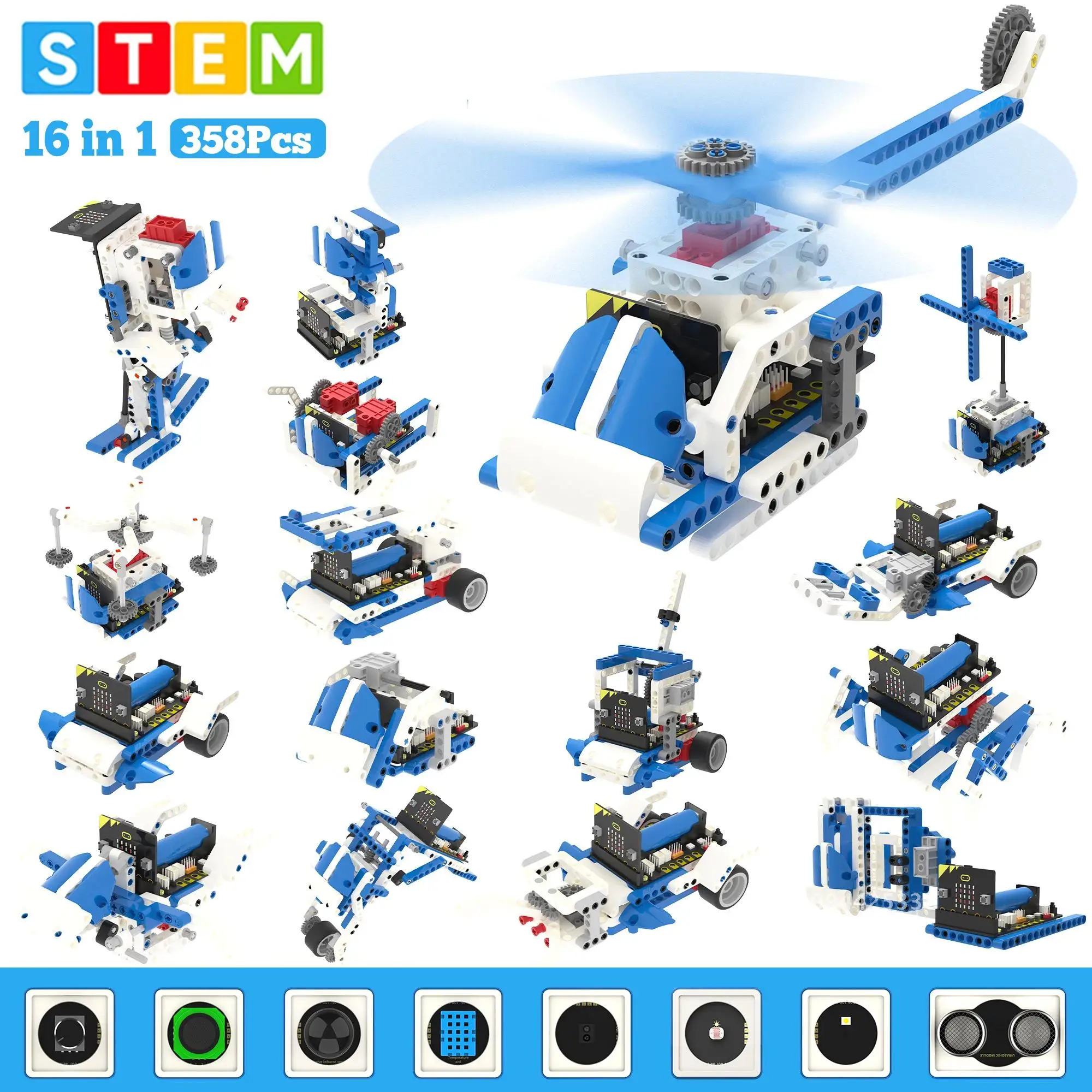 Yahboom Kit Robot dapat diprogram 16 in 1 Kit blok bangunan mendukung Python dan Makecode pemrograman anak-anak Coding untuk Microbit V2 V1