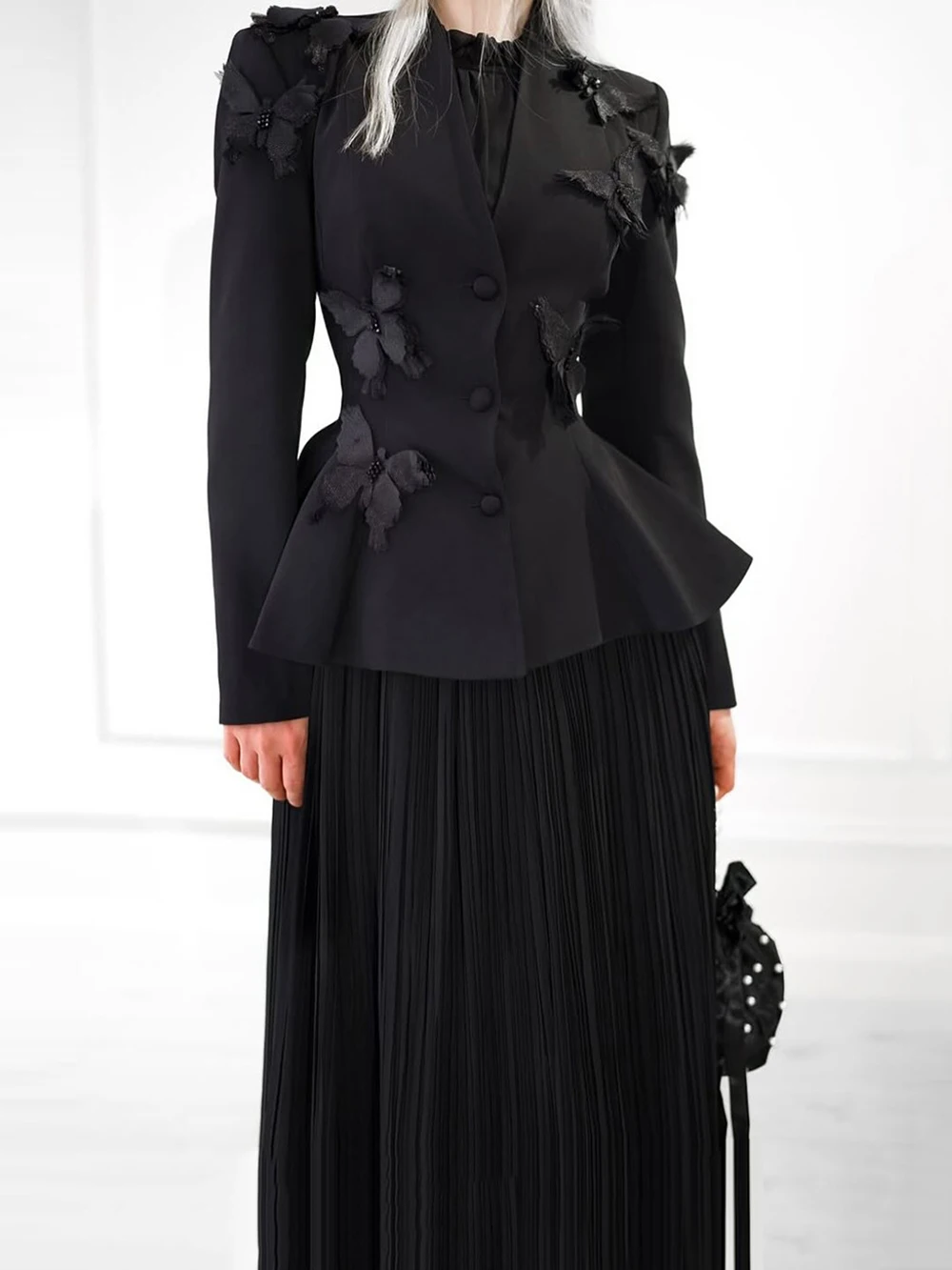 Modphy 우아한 블레이저 플리츠 스커트 세트 여성 보우 싱글 브레스트 백 레이스 업 자켓 코트 미니 스커트 투피스 세트 2025 레이디