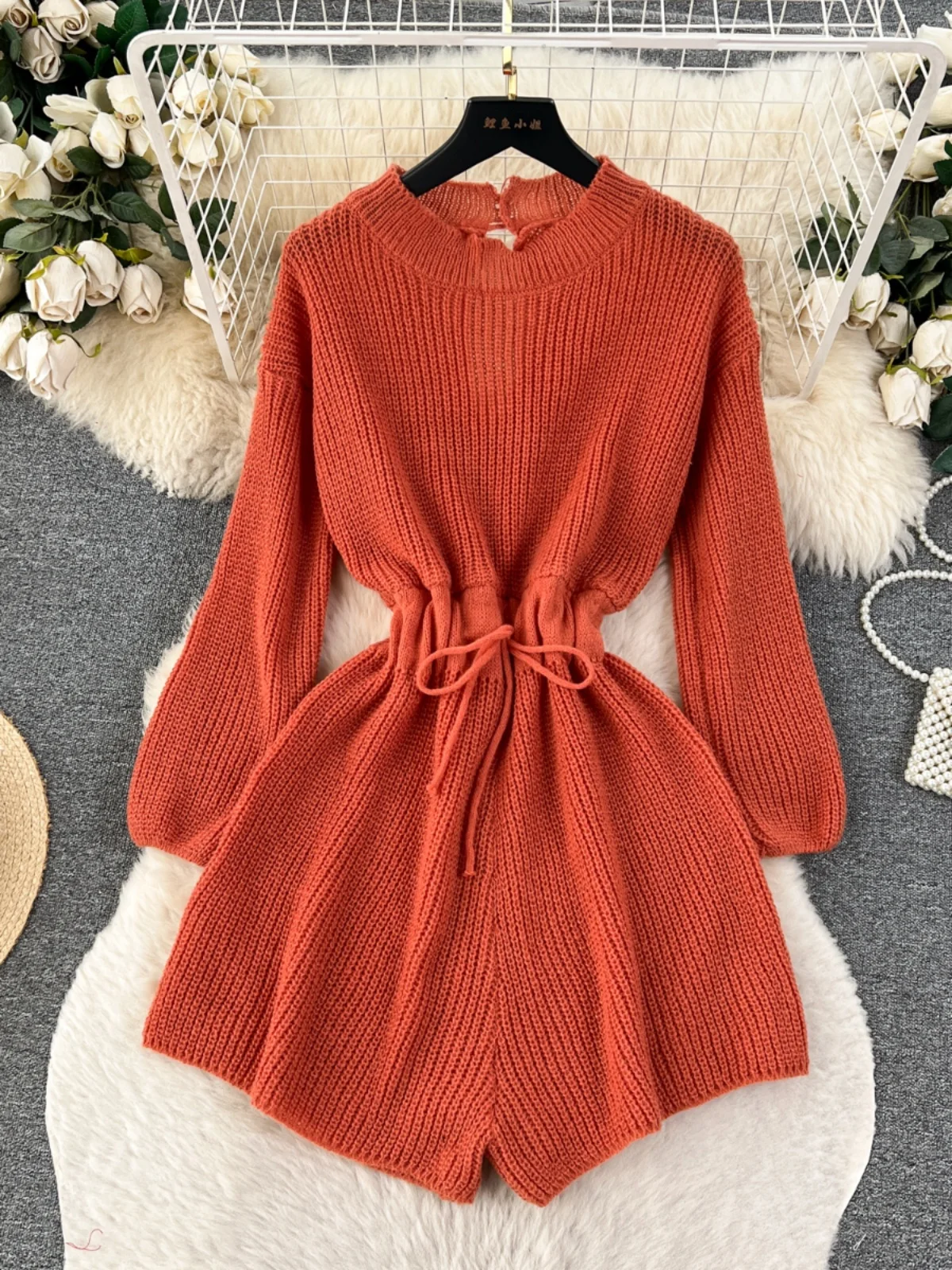 Faionable Knitted One-Piece Pants Women's High Waist Hollow out round Ne Waist-Cinching Sweater orts Autumn Winter