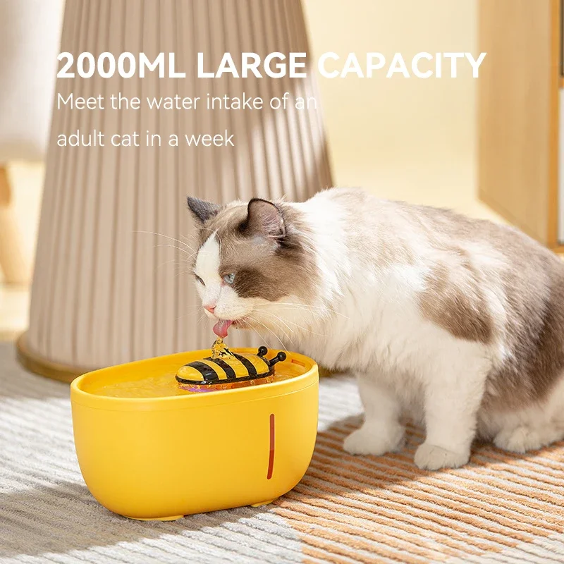 Cute Bee USB Charging Cat Water Fountain Automatic Electronic Pet Water Dispenser Bowl with Filter Cats Dogs Drinking Feeder 2L