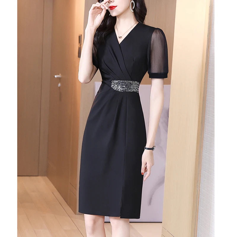 Robe Socialite de luxe en Satin d'acétate noir, mi-longue, Vintage coréen, Hepburn, élégante, moulante, décontractée, bal de nuit, 2025