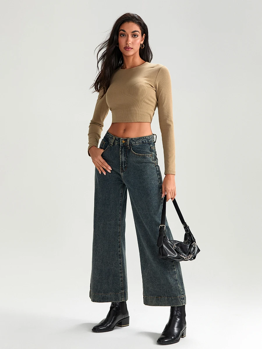 wsevypo Fashion Wide Leg Jeans Pants Women Ladies Mid Rise Button Loose Fit Denim Trousers for Streetwear Grunge Bottoms