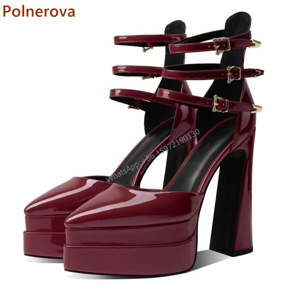 Platform Solid Patent Leather Sandals Pointy Toe Chunky Heel Buckle Strap Ankle Band Shoes Ladies Sexy Summer Party Shoes