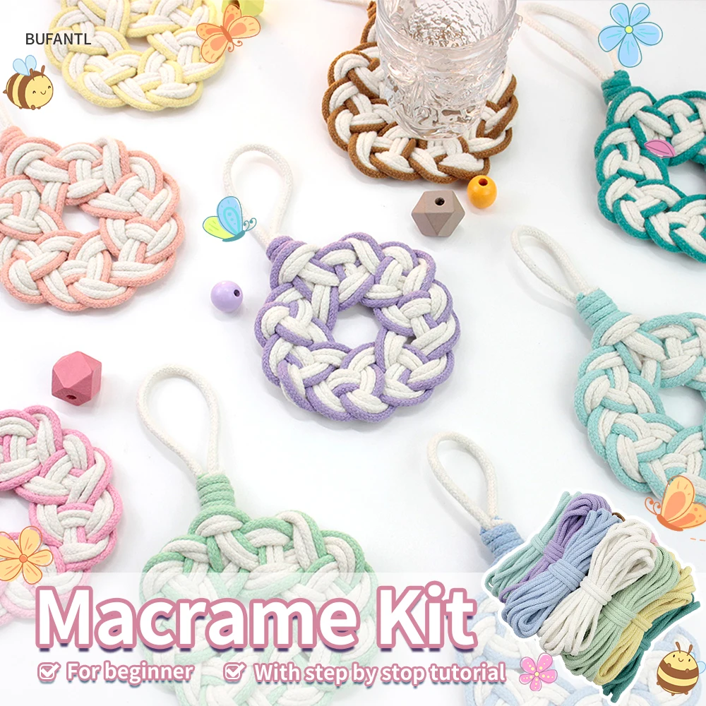 Handgefertigtes gestricktes rundes Blumen-Untersetzer-Makramee-Set mit Tutorial für Anfänger, DIY-Verbrühungsmatten für Tassen, Basteln, Strickset