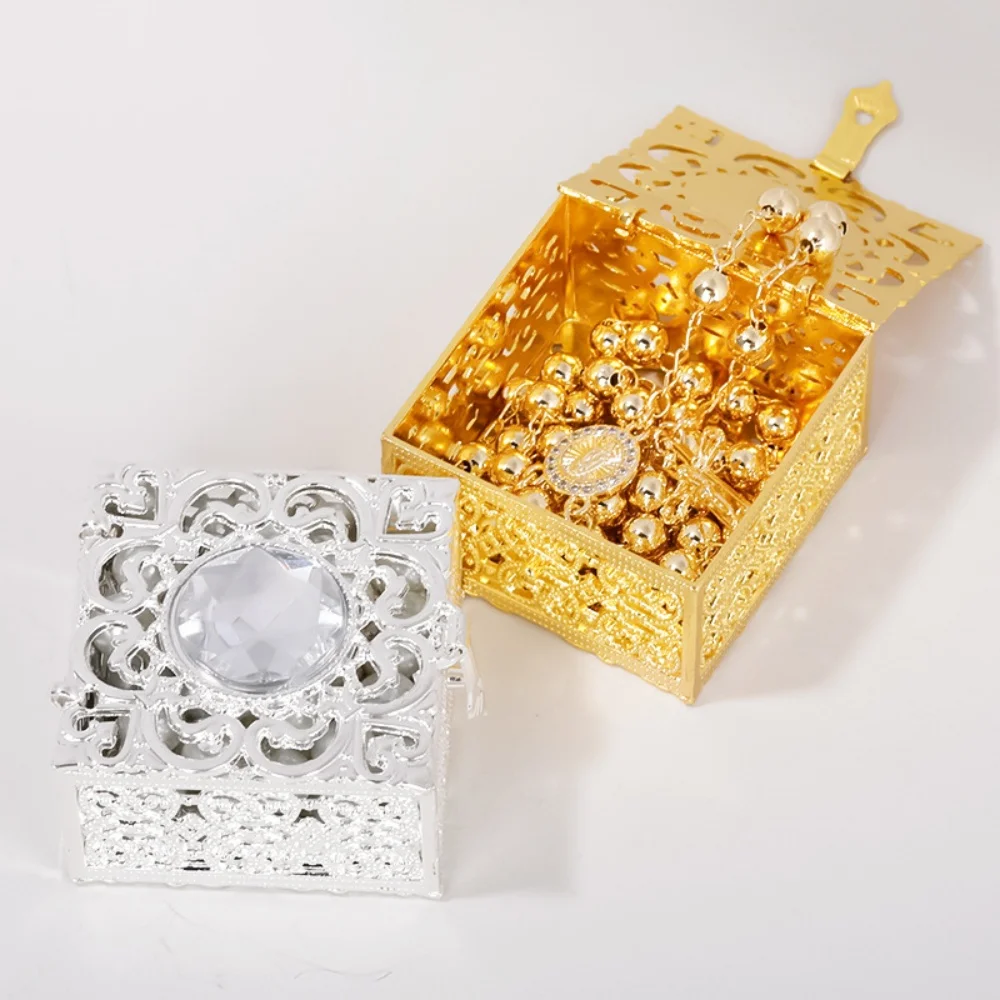 European Style Rosary Bead Box Jewelry Storage Metal Hollow Flower Pattern Necklace Earring Treasure Organizer Case Jewelry Gift