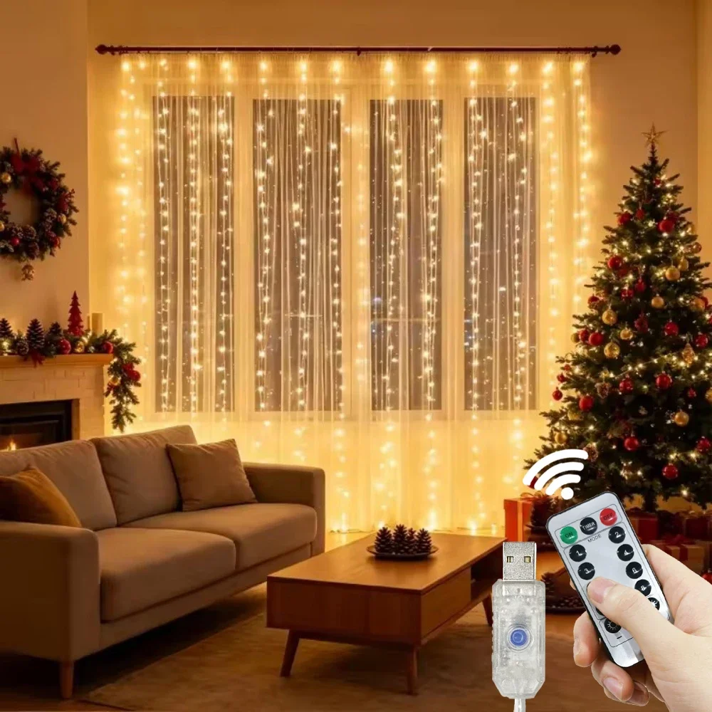 Remote Control USB Fairy Lights 6/3M LED Curtain String Lights for Christmas Home Bedroom Decor Festive Party New Year Wedding