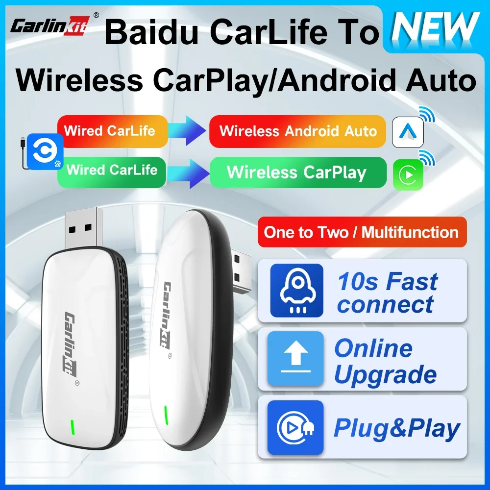 CarlinKit Baidu Carlife Wired to CarPlay Android Auto Adapter 2-In-1 Wireless Car Navigation Box WiFi Bluetooth Auto-Connect