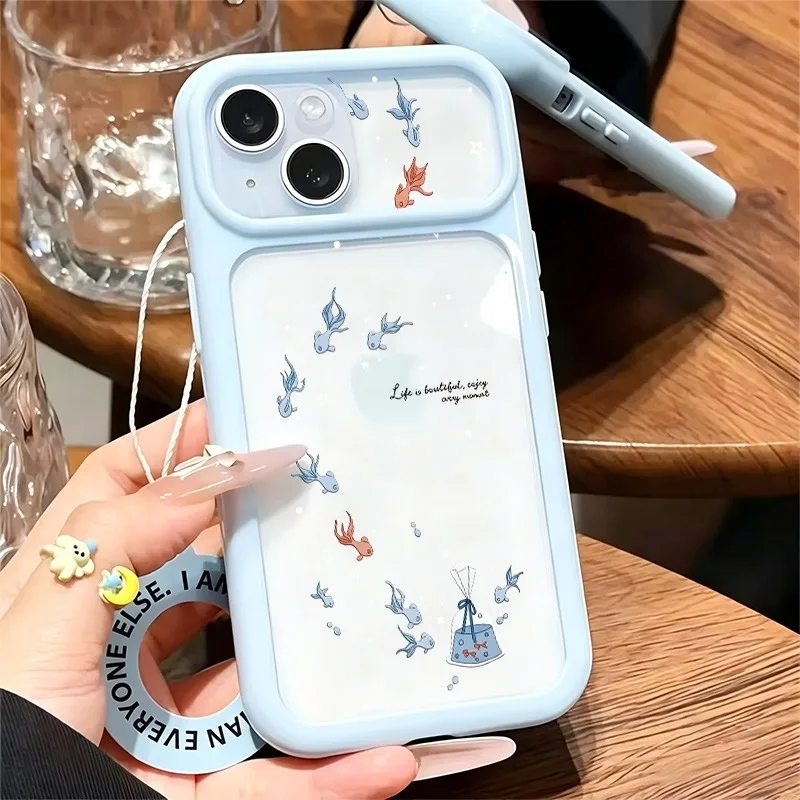 Trendy Minimalist Small Fish Bubble Graphic Design Phone Case, Shock Resistant Large Window Soft Shell For iPhone