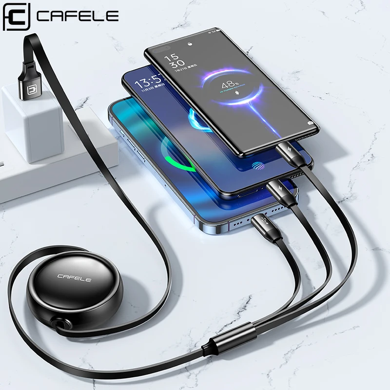 CAFELE Retractable USB C Cable for iPhone 16 15 14 Multi Charger Cable Fast Charging 3 in 1 Type Micro Lightning Data Cord