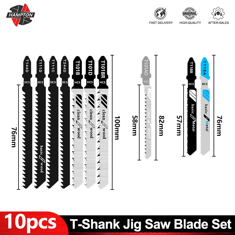 

HAMPTON Jig Saw Blade Set 10pcs HCS Steel Saw Blade Hand Tools T-Shank Jigsaw Blade for Wood Metal Cutting Tool