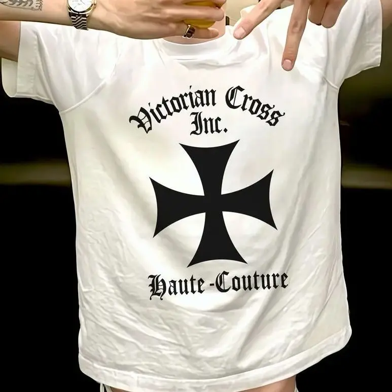 Summer American Gothic Letter Print Cross-stitch Round-neck Short-sleeved Street-wearable Versatile T-shirt