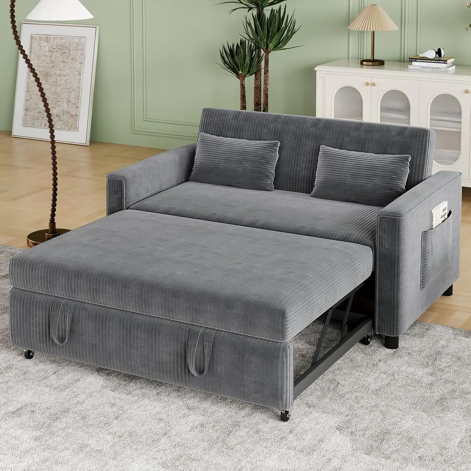 

55.51"" Sleeper Sofa,Corduroy Convertible Sofa Bed,Pull Out Sofa Bed With 3 Level Adjustable Backrest & Storage Pockets And 2