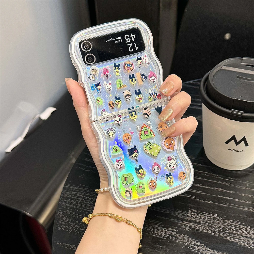 Cute Cartoon Japan Anime Tamagotchi Phone Case For Samsung Galaxy Z Flip 7 6 5 Hard TPU Cover For Z Flip 4 3 With lanyard