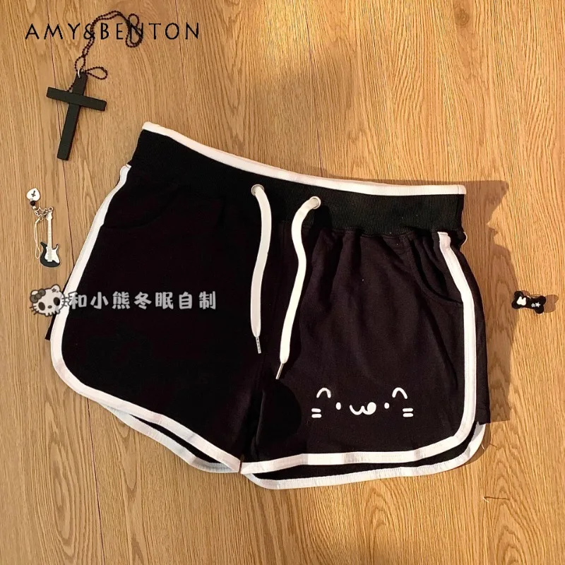 Two-dimensional Japanese Cartoon Printed Casual Shorts Cat Cute Versatile Kaomoji Elastic Waist Sports Shorts Women Summer New