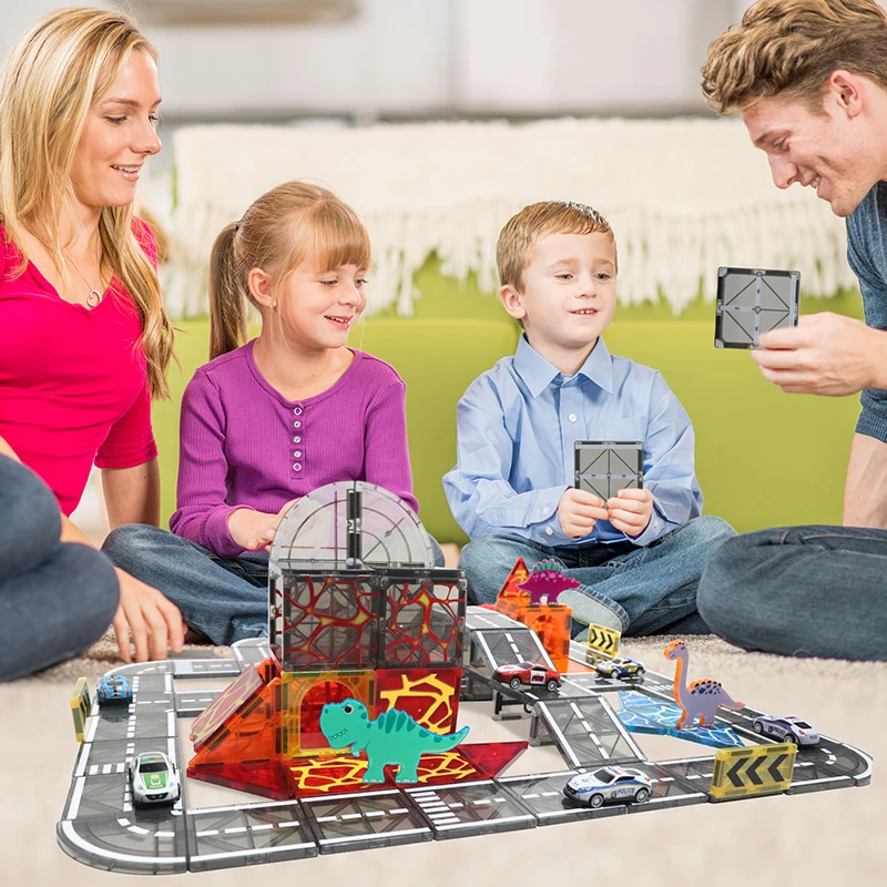 مجموعة طريق البلاط المغناطيسي مع بلاط بناء مغناطيسي للسيارة قابل للسحب، لعبة بناء الجذعية الإبداعية، لعبة تعليمية للأطفال هدية