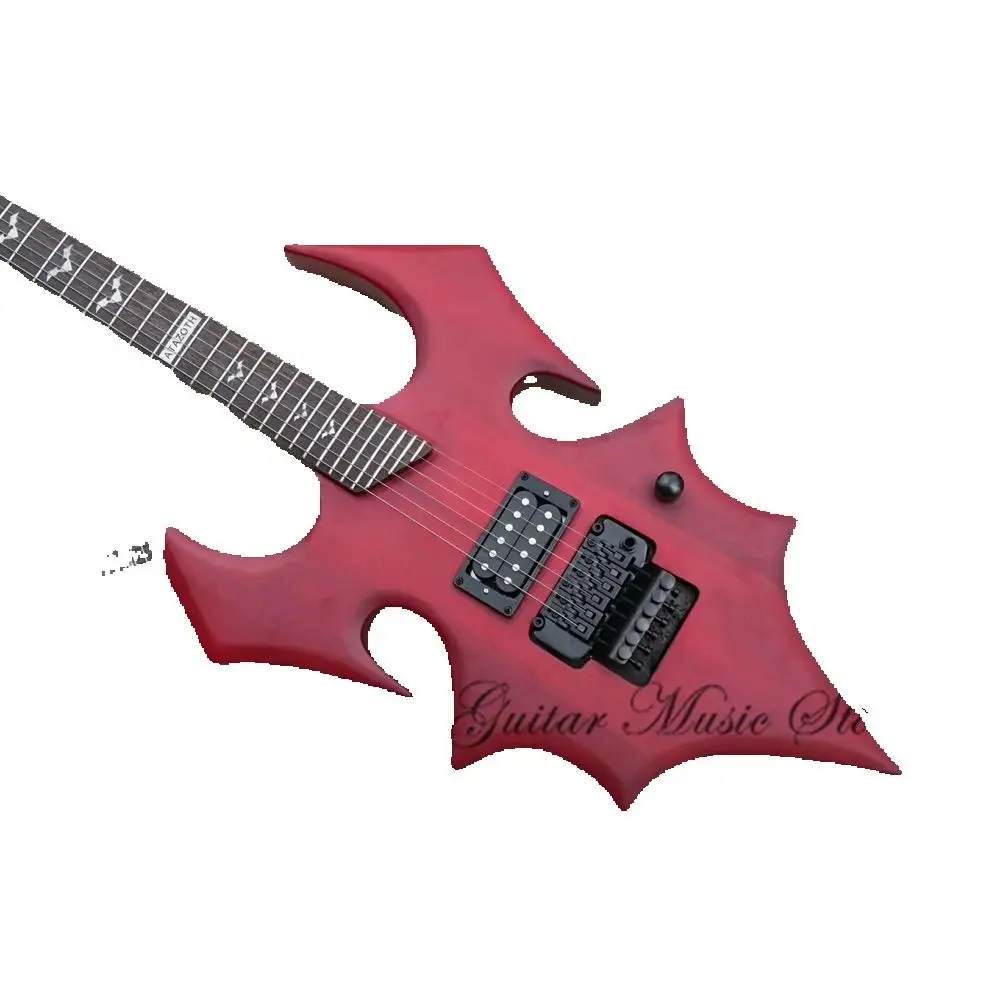 

Matte red guitar Bat body Rose wood fingerboard 27 frets Tremolo Bridge H pickup Black tuner factory custom