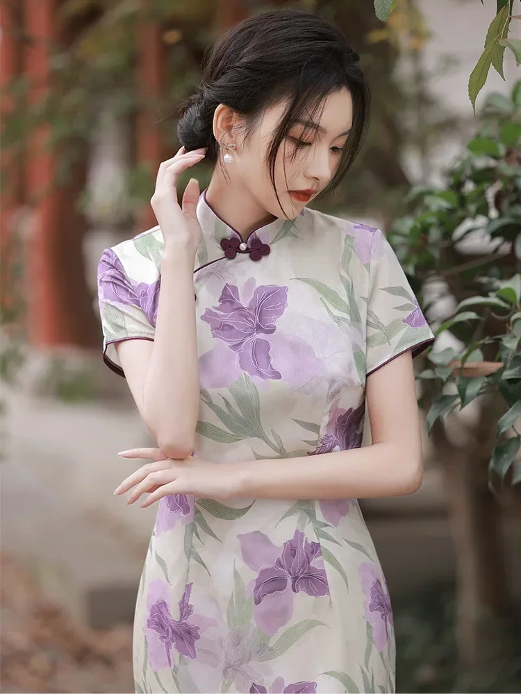 

2023 Summer New Qipao Elegant Purple Chinese Style Dresses Women Print Party Banquet Gown Sexy Cheongsams Improved Vestidos