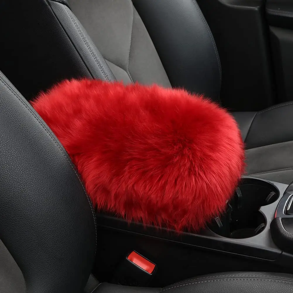 Universal Soft Car Armrest Cover faux fur Fluffy Auto Center Console Seat Box Protector Covers Cars Accessories Red 11.8x6inch