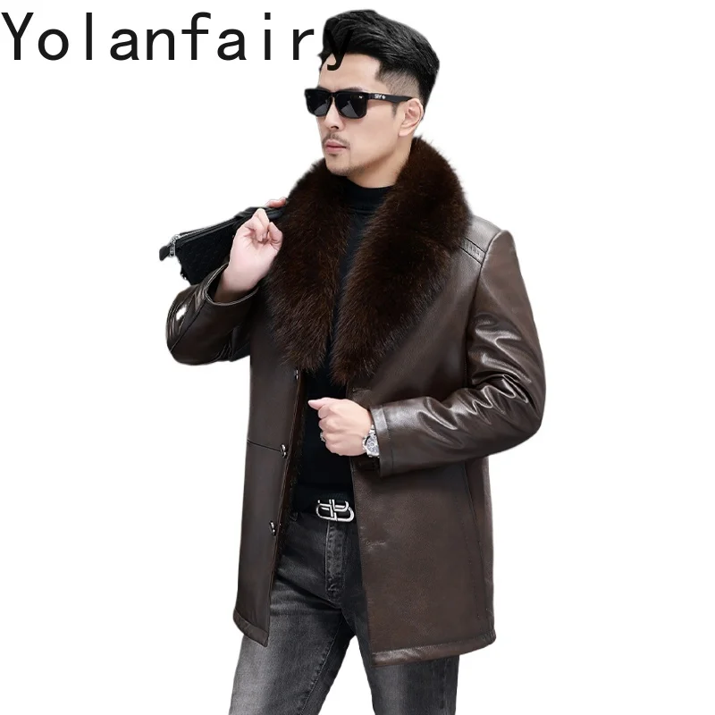 

YOLANFAIRY куртка из 100% натуральной коровьей кожи, мужская зимняя куртка с подкладкой из норки, теплые куртки средней длины из воловьей кожи с воротником из меха енота