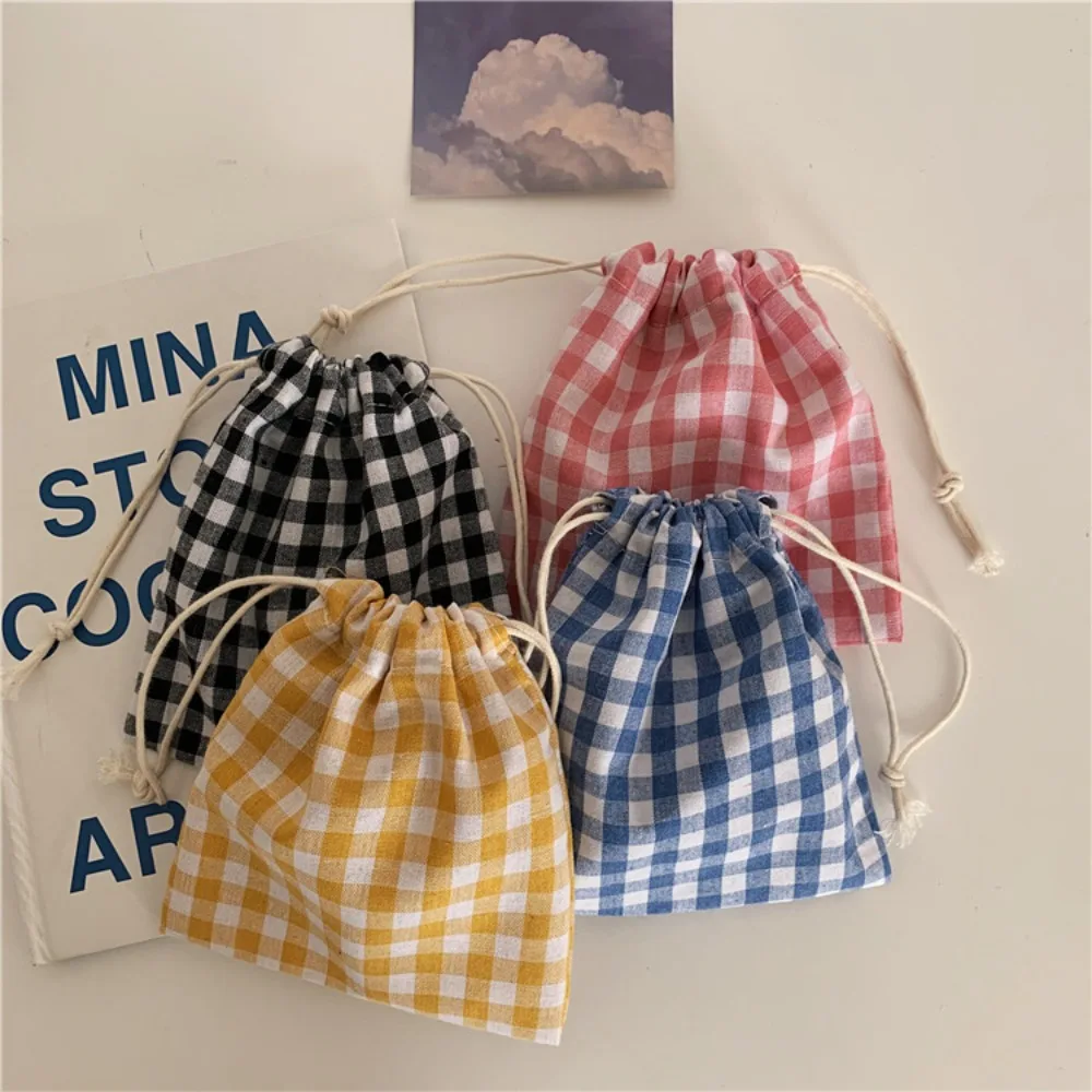 Linen Grids Drawstring Bag Storage Bag Pastoral Literary Style Makeup Bag Coin Purse Cosmetic Bag Jewelry Storage Bag daily