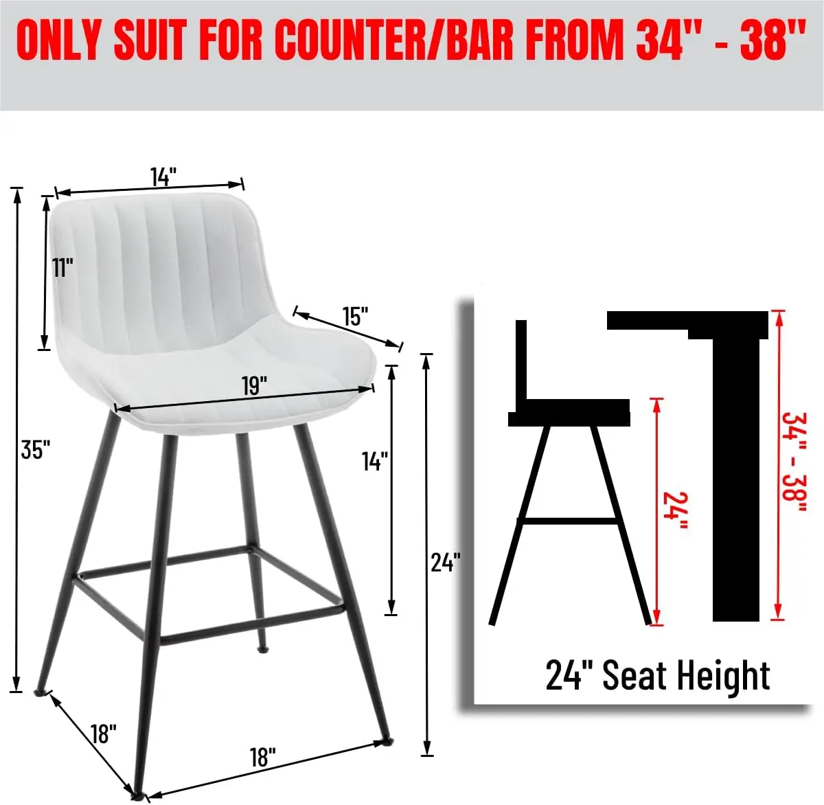White Bar Stools Set of 2, 24 Inch Barstool with Fabric Upholstery | Modern Counter Height Bar Stools with Back Support, Armless Kitchen Bar Stool with Black Legs for Counter, Bar, Pub and Cafe