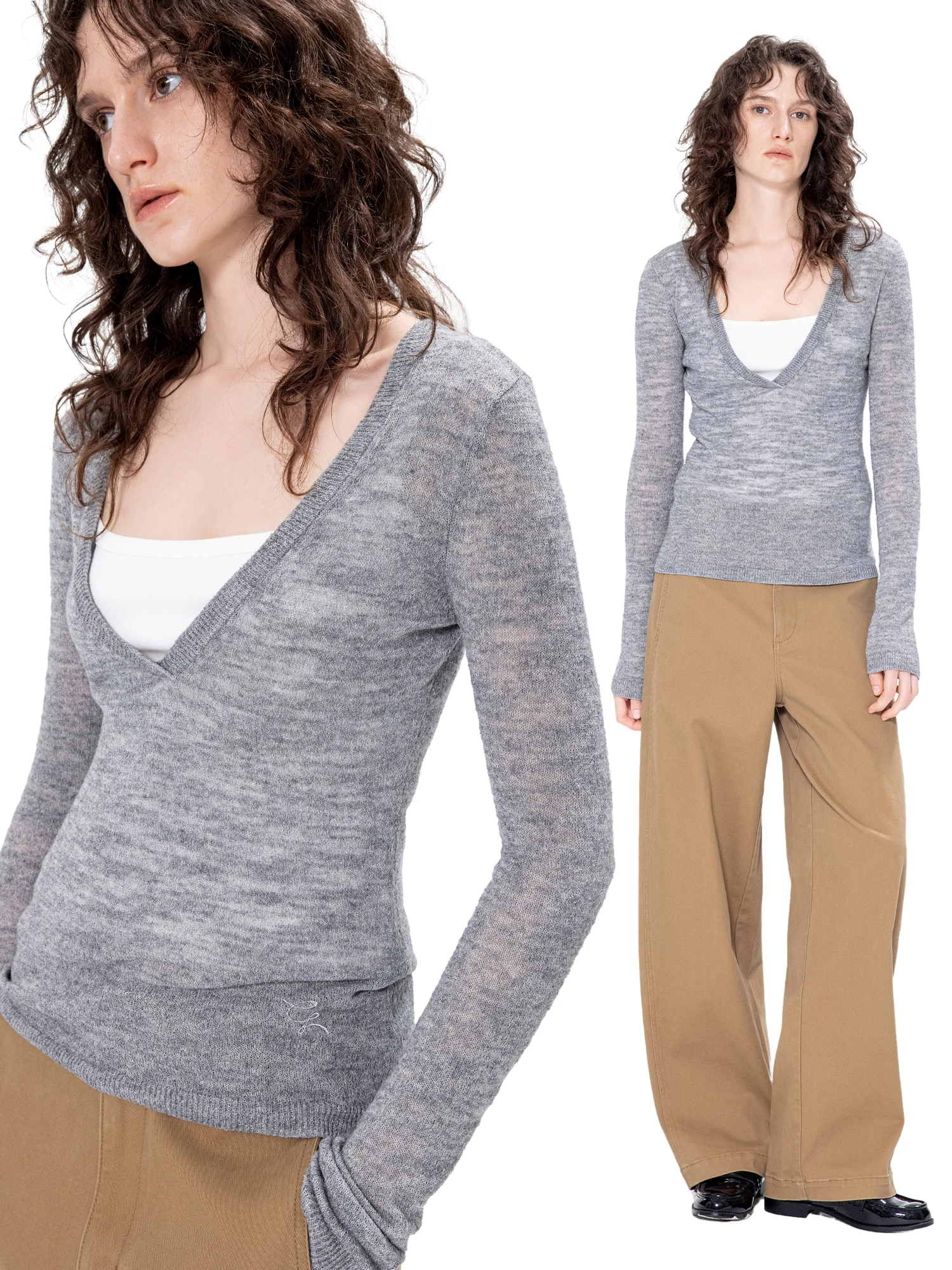 

Женский вязаный топ Bla Hole с глубоким V-образным вырезом, длинным рукавом, на раннюю осень 2025 года, базовый слой, мягкий, облегающий, модный