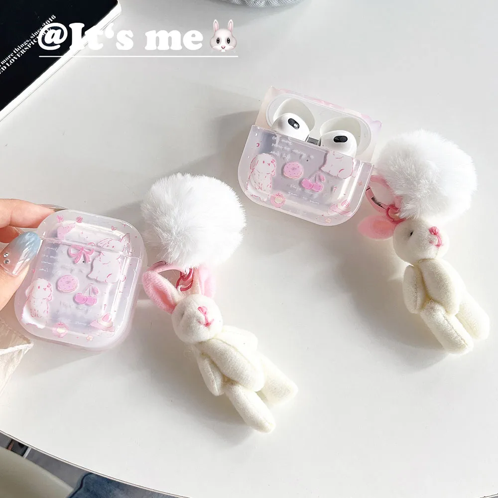 Pink Bunny Cherry Bowknot Case For AirPods 3 Pro2 Hairball Rabbit Pendant Earphone Case for AirPod 2 Pro Case Soft Cover Keyring