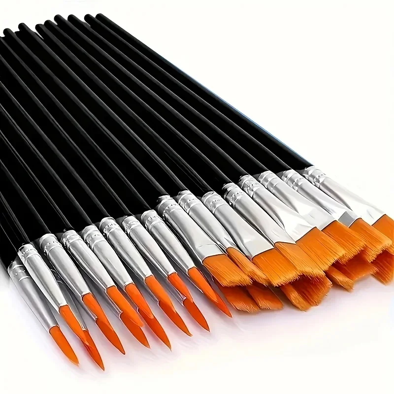 50/100pcs Professional Artist Paintbrush Set Black Nylon Bristles, Flat & Pointed Heads, for Acrylic Painting Art Supplies