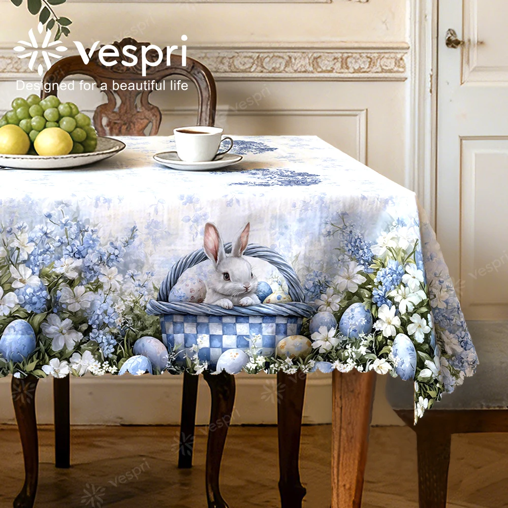 Vespri Oster-Tischdecke aus Polyester, Rund, Rechteckig, Oval, Blau mit Hasen, Blumen und Eiern für Restaurants, Partys und Feste