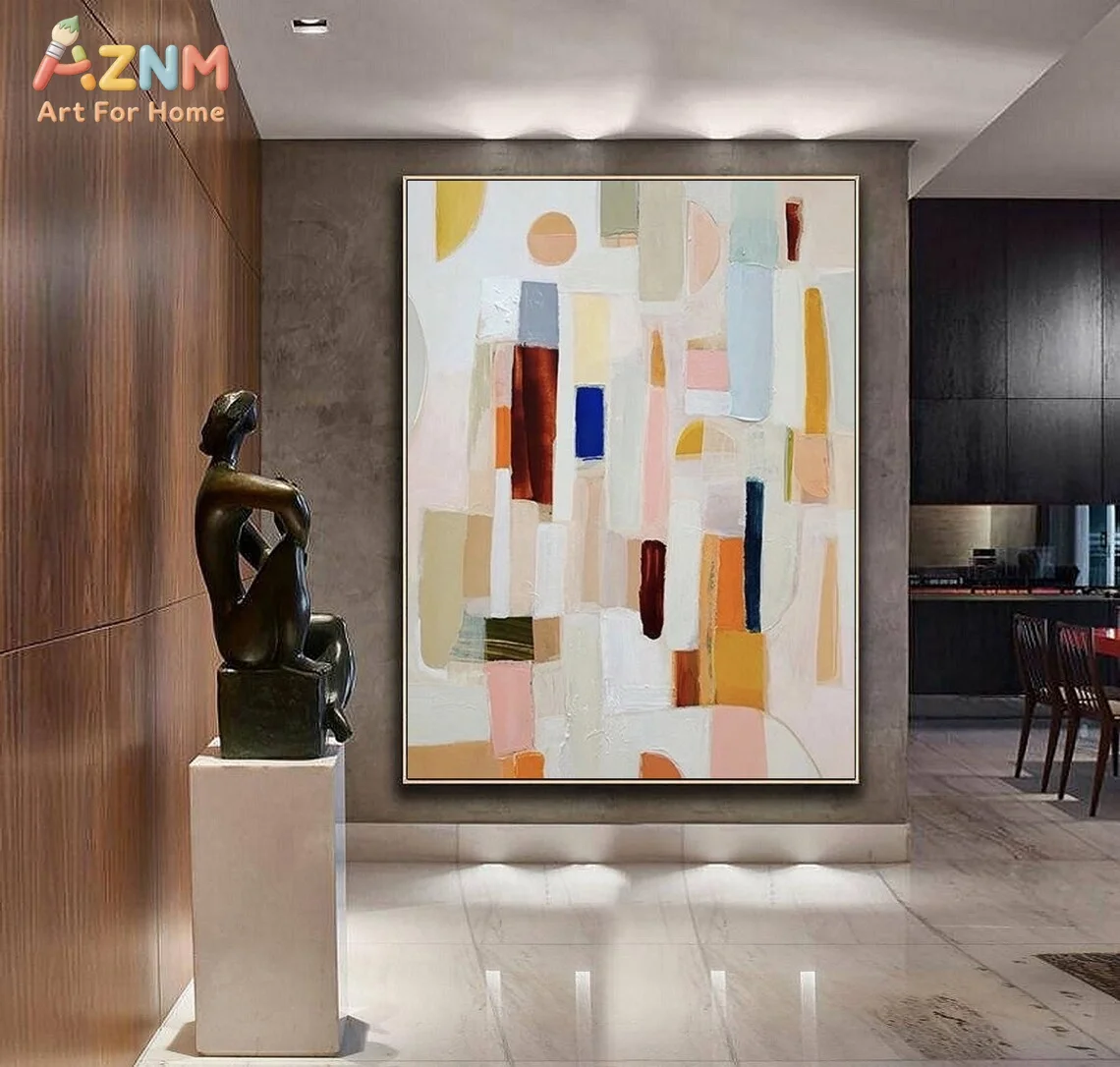 AZNM Abstract Geometric Shapes Canvas Wall Art Print Modern Minimalist Pastel Color Block Oil Painting Style Poster for Living R