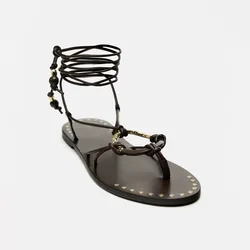 Banyiyou Sandalias Femininas Summer Sexy Flat Sandals Ankle Strap Lace-up Bohemian Beach Shoes Women's Hollow Outs Flip Flops