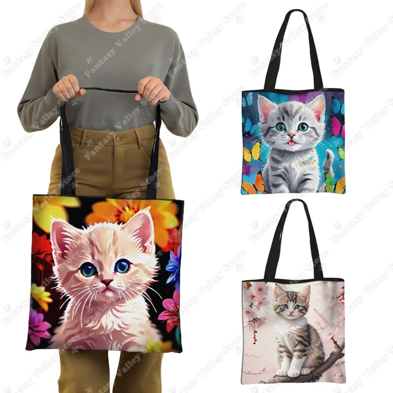 

Сумка-тоут женская с милым цветочным принтом, шоппер с кошкой и бабочкой, вместительная Экологичная Сумочка для покупок