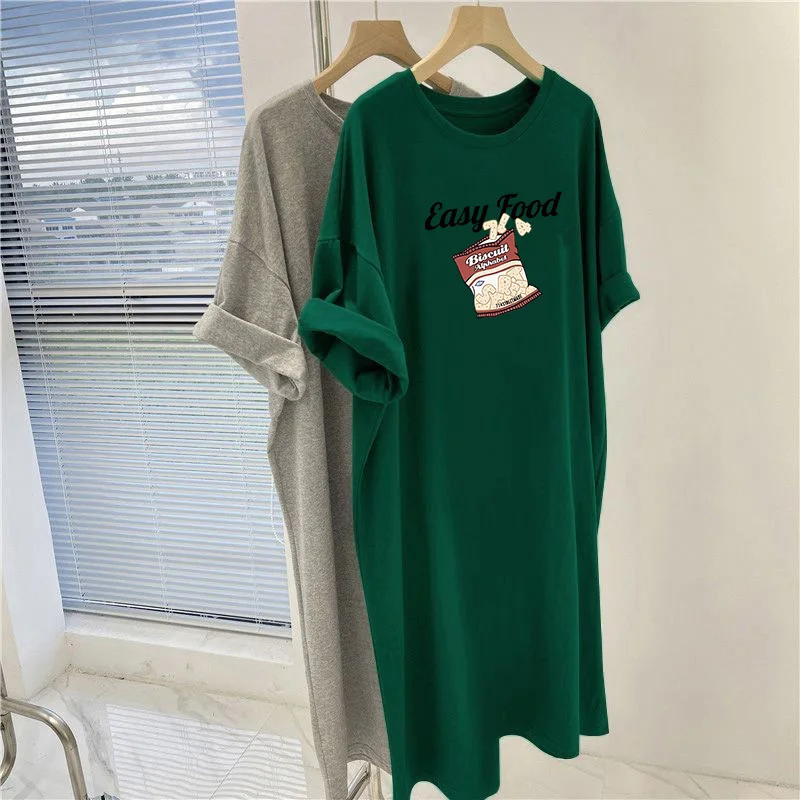 Summer Cartoon Letter Printed Straight Dress, Women Clothing Vintage Knee Length Tunic, Loose Casual O-neck Pullovers Dresses