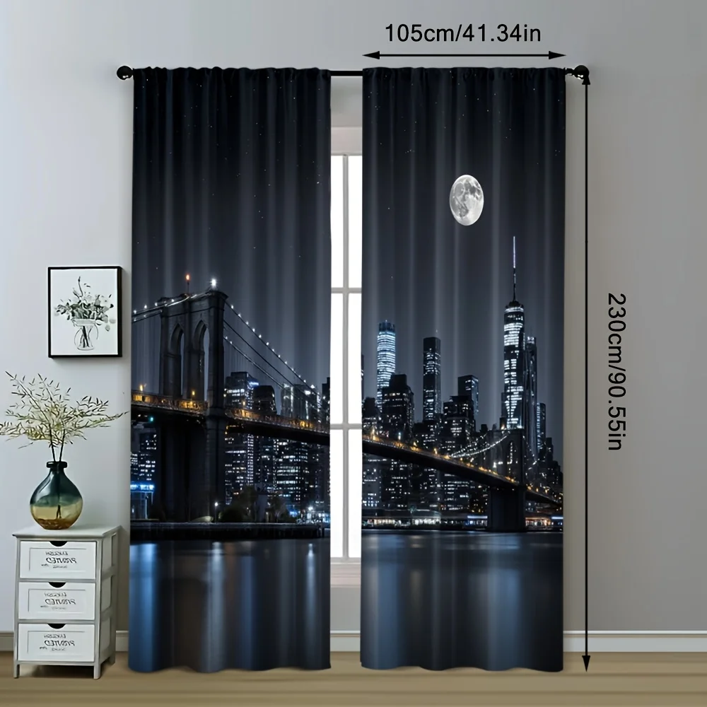 2pcs, Curtain Bridge Night View 100% Polyester,Without Electricity Versatile for Indoor Celebrations, Room Decor