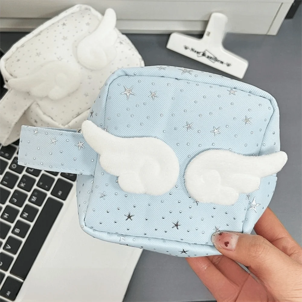 Mini Size Makeup Bag for Women Star Pattern Wings Patchwork Travel Cosmetic Organizer Sweet Aesthetic Space Saving