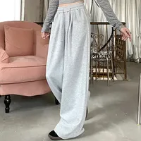 Autumn Women Chic Gray Navy Blue Loose High Waisted Long Pants Lady Korean Style Versatile Drawstring Wide Leg Baggy Trousers