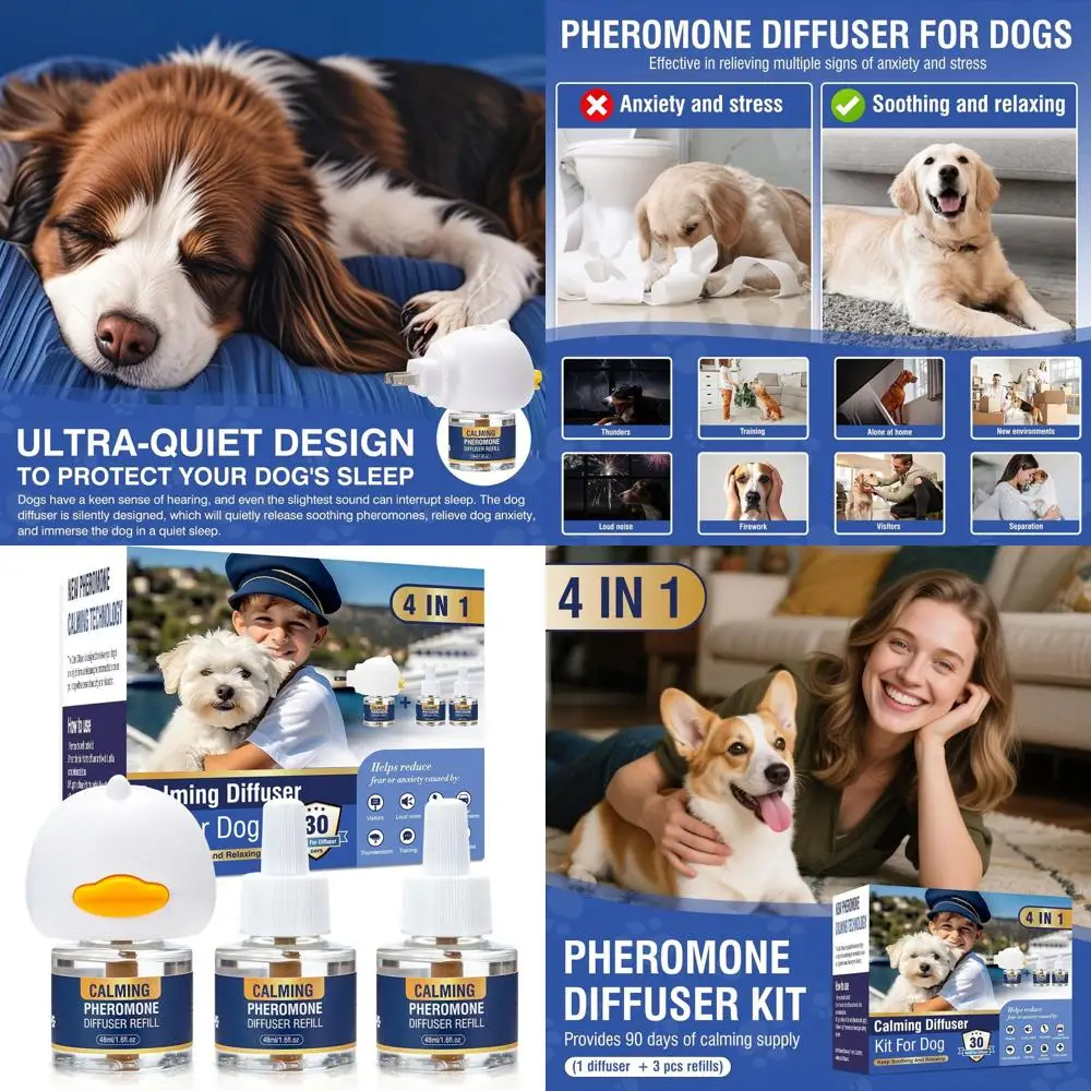 

Диффузор для успокаивания феромонов для собак 4 в 1, успокаивающий диффузор для феромонов для домашних животных, набор для успокоения (вилка + 3 упаковки, сменный блок 48 мл) для тревоги Re