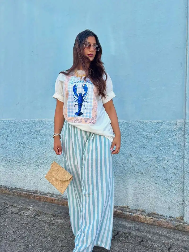 Retro American Vintage Summer Ocean Style Lobster Print Spicy Girl Loose Pure Cotton Short Sleeve T-Shirt Women's Trendy