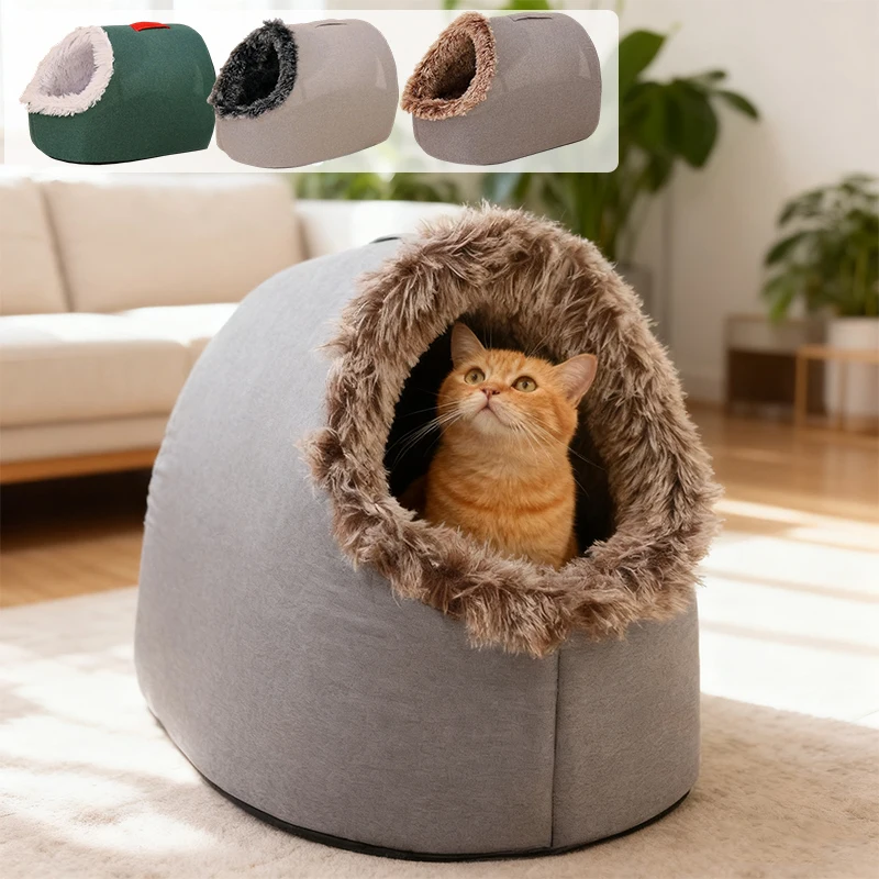 

Extra Cozy Thickened Cat & Small Dog House with Plush Cushioned Interior-Winter Warmth,Soft Entrance Tunnel & Removable Cover