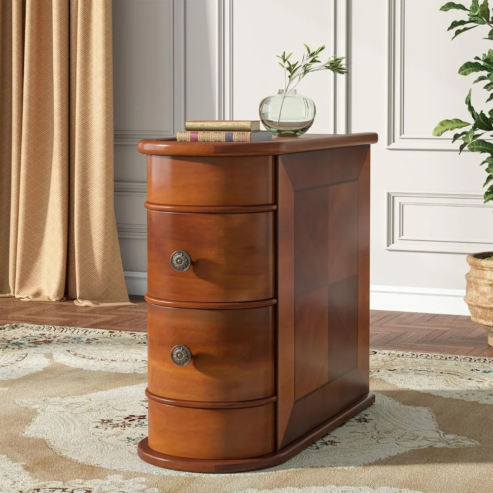 

Wood End Table, 2-Drawer Narrow Side Table Slim Chair Solid Side Table, No Assembly Required, Finished Back, Walnut