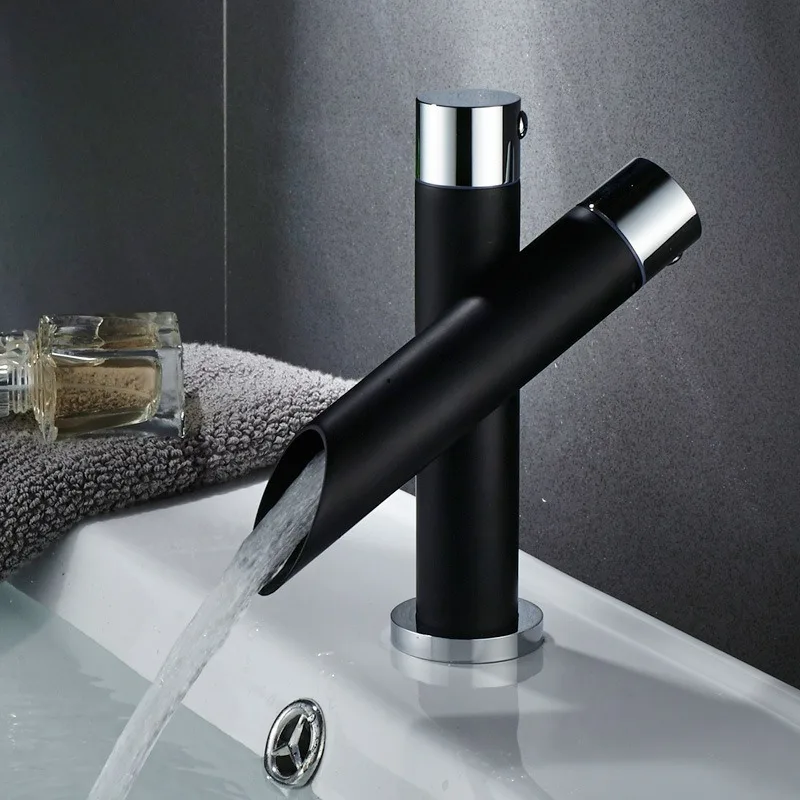 Creative Matte Black Water Tap Brass Deck Mounted Stainless Steel Basin Sink Mixer Tap Hot & Cold Mixer Faucet Stream Water Taps