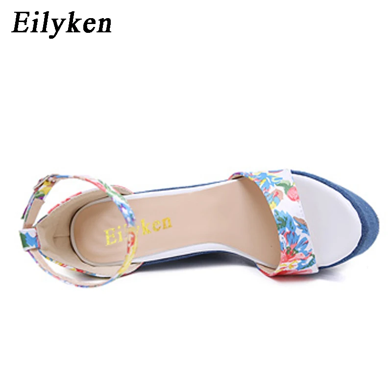 Eilyken Blue Print Denim Platform Wedges Women Sandals Sexy High Heels Buckle Strap Female Shoes Zapatos Mujer