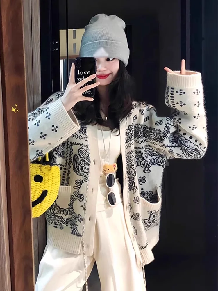 

Теплый вязаный свитер с V-образным вырезом для женщин, осенне-зимний свободный кардиган, высококачественная дизайнерская верхняя одежда