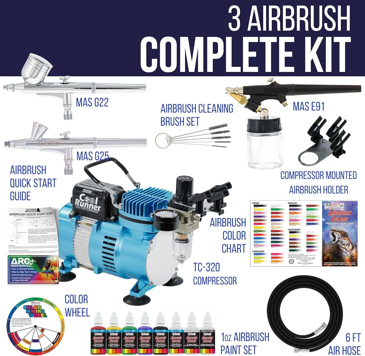 Master Airbrush Cool Runner II Dual Fan Air Compressor Professional Airbrushing System Kit with 3 Airbrushes, Gravity and Siphon