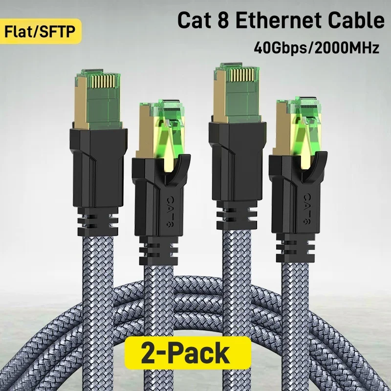 

MIZIQIER 2-Pack Cat8 Ethernet Cable, Nylon Braided 40Gbps Network LAN Patch Cord, SFTP RJ45 Flat Cable for Modem/Router/Gaming