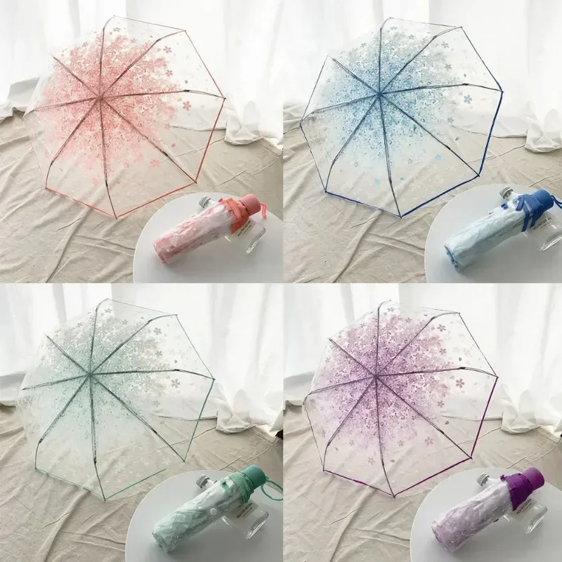 1Pcs Cute Korean Umbrella Folding Cute Korean Mini Fresh Simple Sen Series Trifold Cherry Blossom Transparent Japanese Umbrella