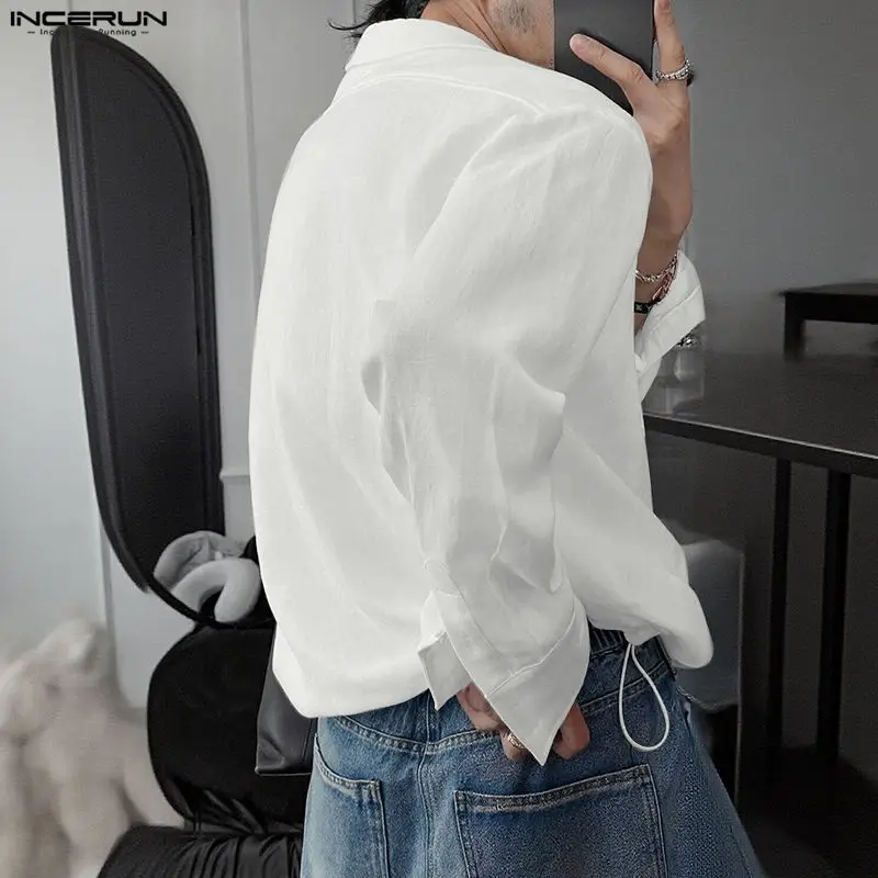 INCERUN قميص رجالي بلون سادة وأكمام طويلة على طراز القرآن ملابس رجالية غير رسمية برقبة على شكل V قمصان برباط ملابس علوية عصرية للرجال