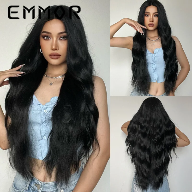 

New model black middle-parted long curly hair , matte high-temperature fiber full wig manufacturer